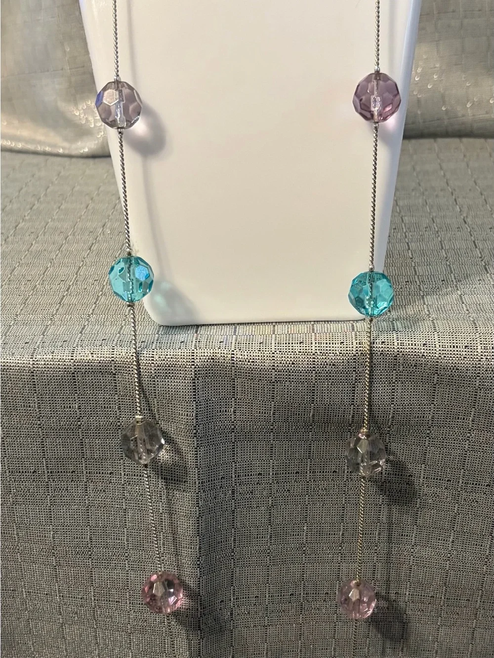 Long Beaded Station Necklace in Aqua and Lilac - Women Jewelry